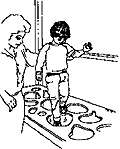 Drawing: child navigating platform with holes in it.